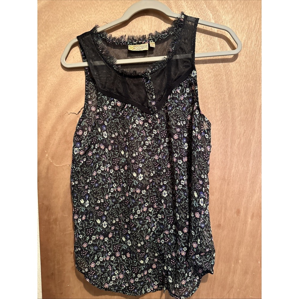 Princess Vera Wang Floral Mesh Panel Tank Top Sheer Ruffle Sleeveless L